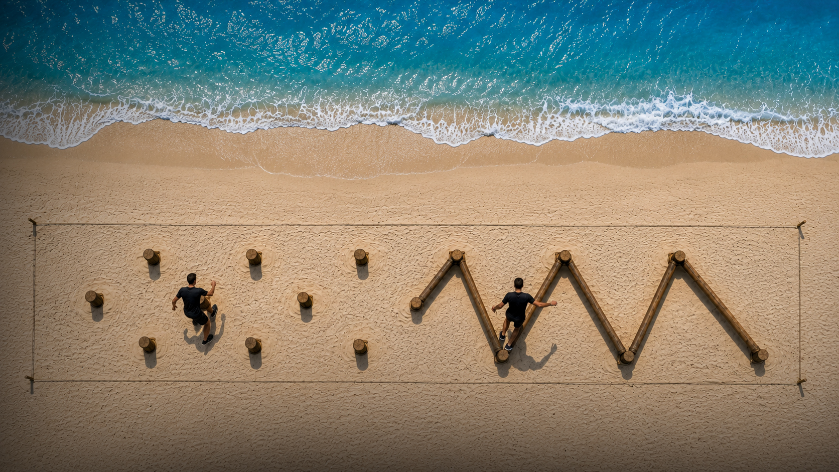 Aerial view of a beach obstacle course beside breaking waves